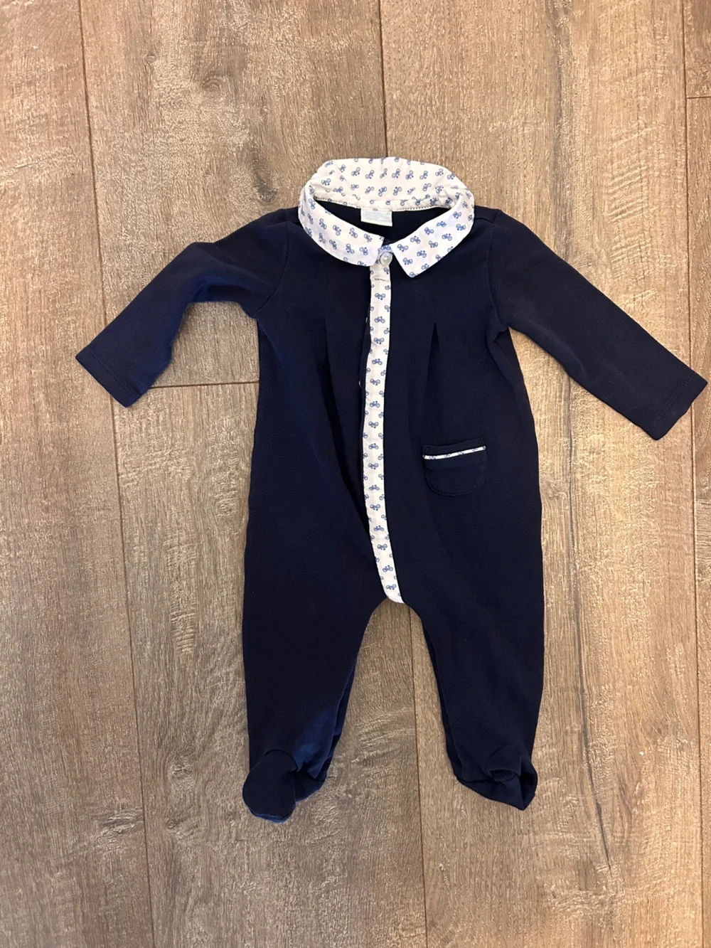 Edgehill Collection 3M Baby Blue White Bicycle Collar Longslv Footed Coverall